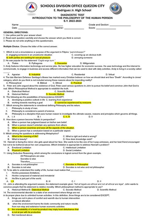 Introduction To The Philosophy Of The Human Person Answer Key Grade