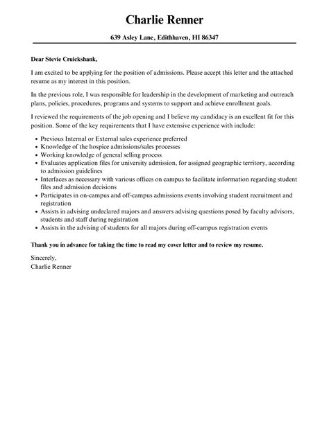 Admissions Cover Letter Velvet Jobs