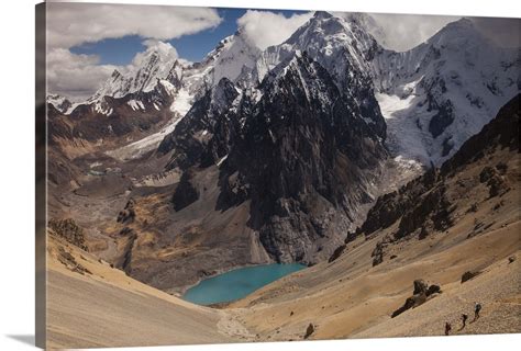 Trekkers Descend Steep Scree Slopes From Santa Rosa Pass Andes Peru