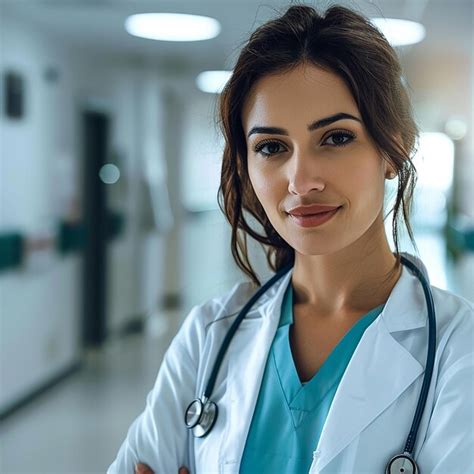 Premium Photo A Woman In A White Lab Coat Stands In A Corridor With A Stethoscope On Her Neck