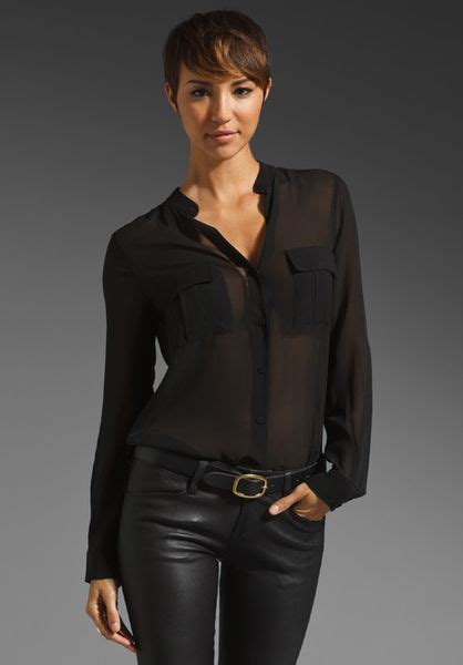 Bcbgmaxazria Sheer Long Sleeve Pocket Blouse In Black Lyst