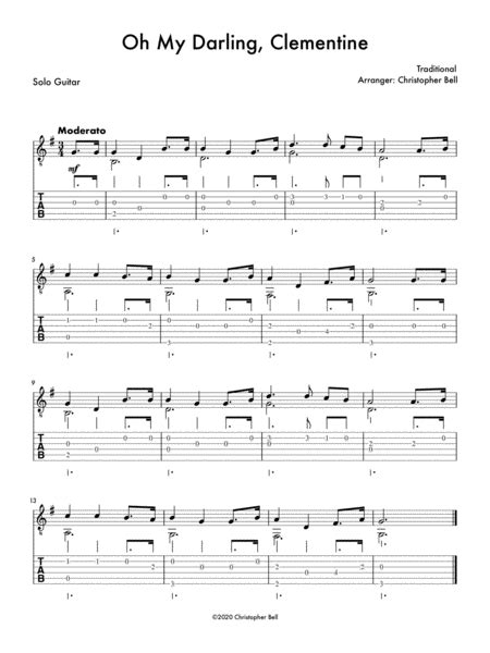 Oh My Darling Clementine Easy Solo Guitar Arr Christopher Bell By