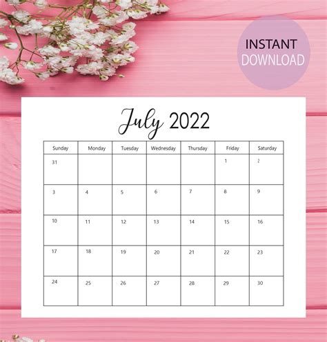 July 2022 Printable Calendar July Calendar Minimalist Calendar Pdf