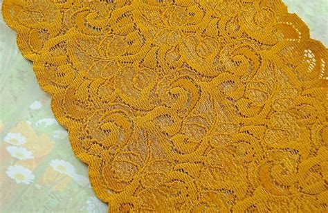 1yd Stretch Lace 5 1 2 Wide Trim Floral Design Amber Gold Brown Elastic