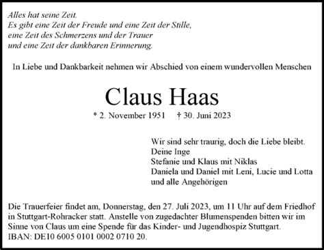 Traueranzeigen Von Claus Haas Stuttgart Gedenkt De