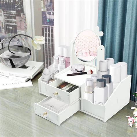 Garmic Tabletop Makeup Organizer With Round Mirror Cosmetic And Jewelry Cosmetics Dessing Rack