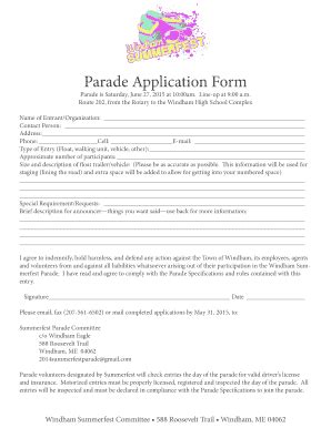 Fillable Online Parade Application Form Windham Summerfest Fax Email