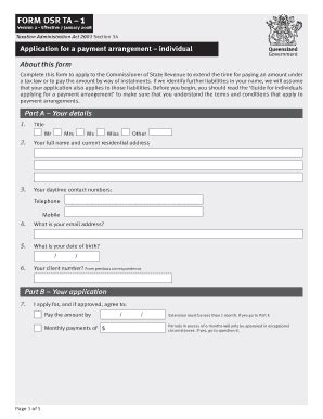 Application For A Payment Arrangement Individual Form TA1 Osr