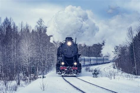 Retro Steam Train Moves at Winter Morning Stock Photo - Image of cold ...