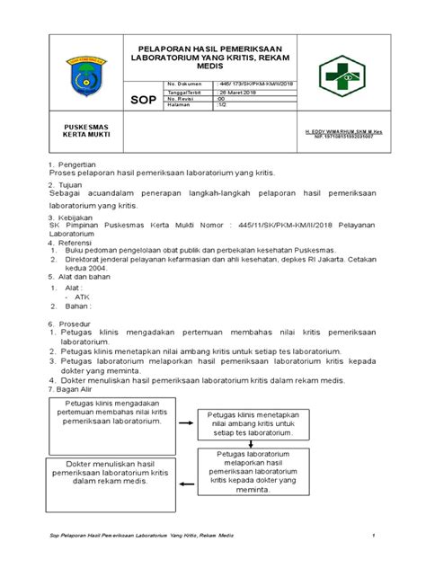 Sop Pelaporan Hasil Pemeriksaan Laboratorium Yang Kritis Rekam Medis Pdf