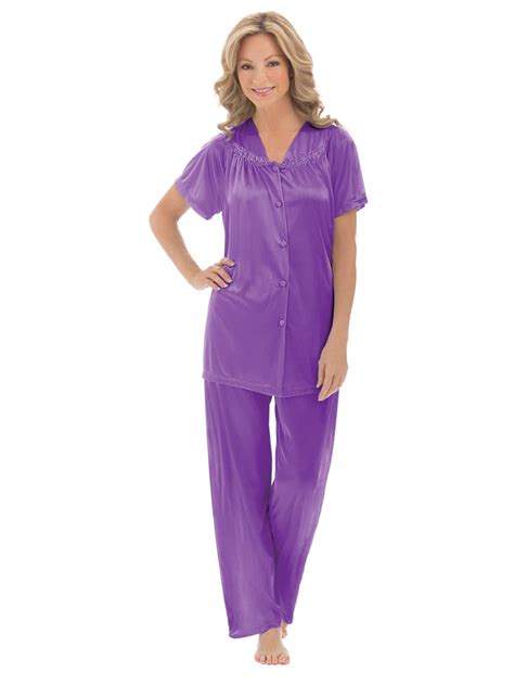 Collections Etc Womens Floral Embroidery Tricot Pajama Set Purple