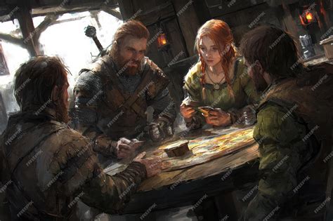 Roleplaying scene in dungeon interior with characters playing tabletop ...