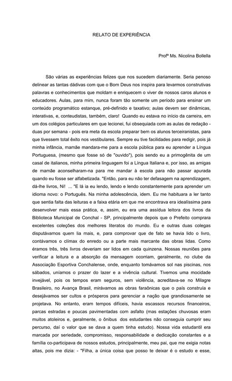 Relato de Experiência - Profª.Ms. Nicolina Bollella