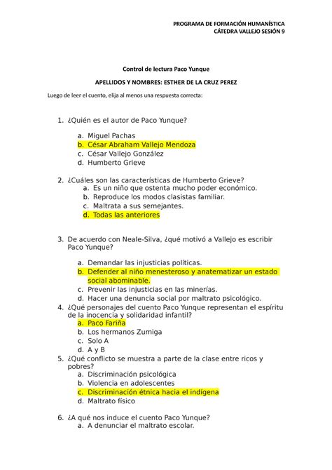 Control de lectura 5 - Paco Yunque. TP - PROGRAMA DE FORMACIÓN