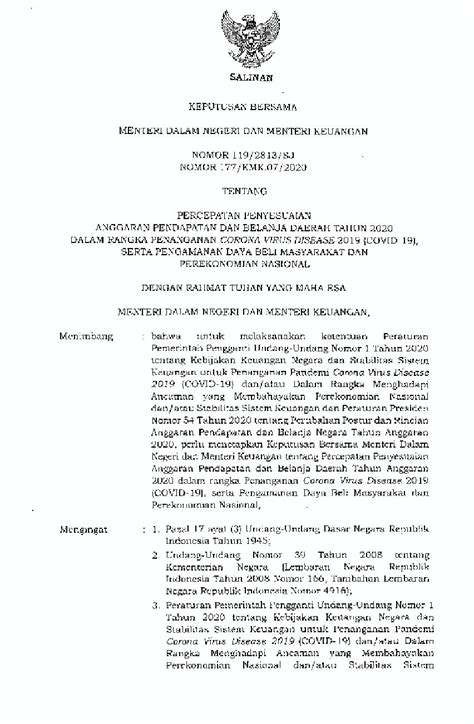 Keputusan Menteri Dalam Negeri No 1192813sj Tahun 2020 Tentang