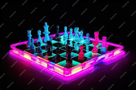 Premium Ai Image Neon Chess Game With Pieces Set Up In A Classic