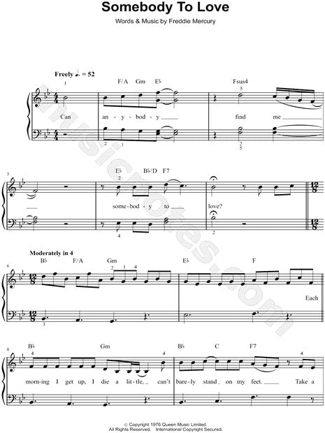 Queen "Somebody to Love" Sheet Music (Easy Piano) in Bb Major ...