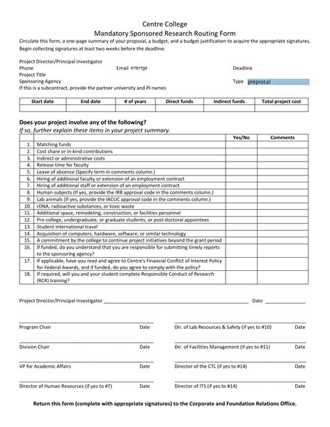 Mandatory Sponsored Research Routing Form Centre College Fill Out