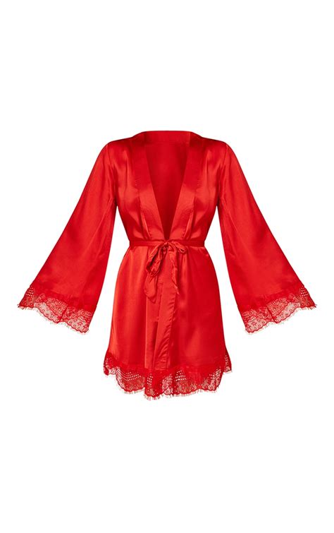 Red Premium Lace Trim Satin Robe | PrettyLittleThing CA