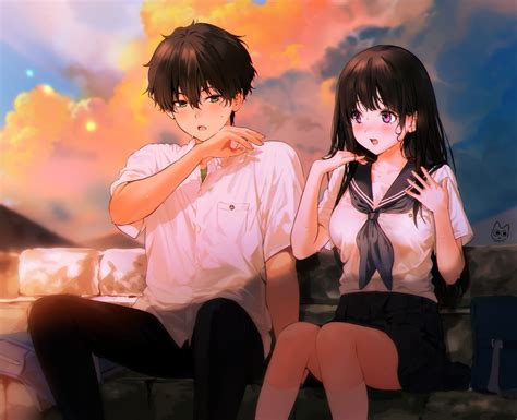 Black Hair Blush Chitanda Eru Clouds Cropped Green Eyes Hyouka Kneehighs Male Mery Apfl0515