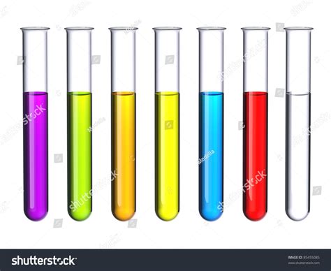 Seven Test Tubes With A Colored Liquid Isolated On White Stock Photo