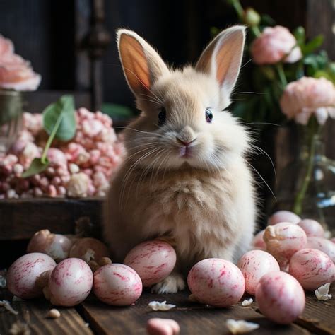 O coelho da Páscoa senta se ovos cor de rosa um coelho bonito