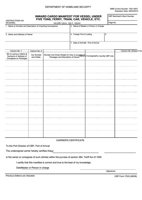 Fillable Inward Cargo Manifest Us Customs And Border Protection Printable Pdf Download