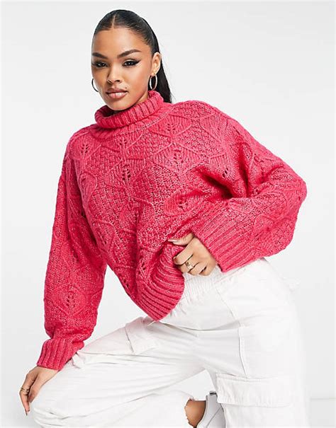 Asos Design Cable Jumper With High Neck In Pink Asos