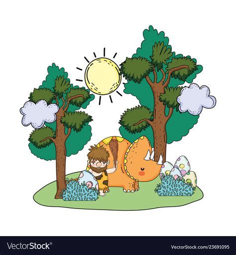 Caveman with dinosaur in the landscape Royalty Free Vector