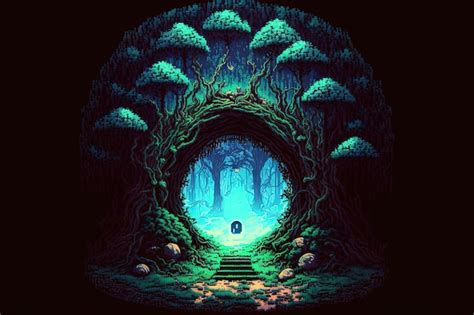 Premium AI Image Pixel Art Magic Portal In Mystical Forest Portal To