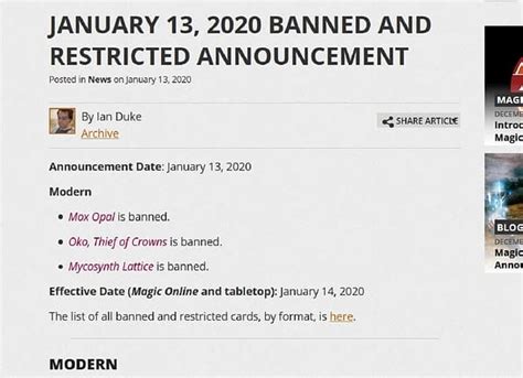 "Oko", Others Banned from Modern - "Magic: The Gathering"