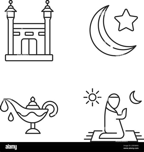 Traditional religious muslim rituals linear icons set Stock Vector ...