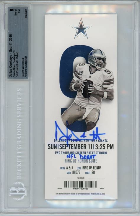 Dak Prescott Signed Dallas Cowboys Ticket Stub Nfl Debut Beckett