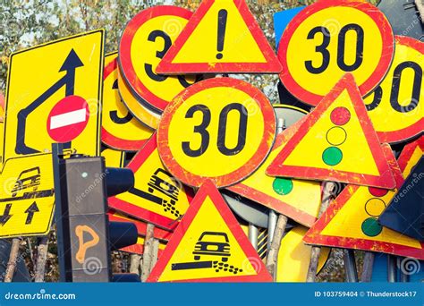 Many Industrial Road Signs Stacked Together Stock Photo Image Of