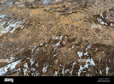 Heavy Machinery Tyre Track Impressions In Mud On Construction Site