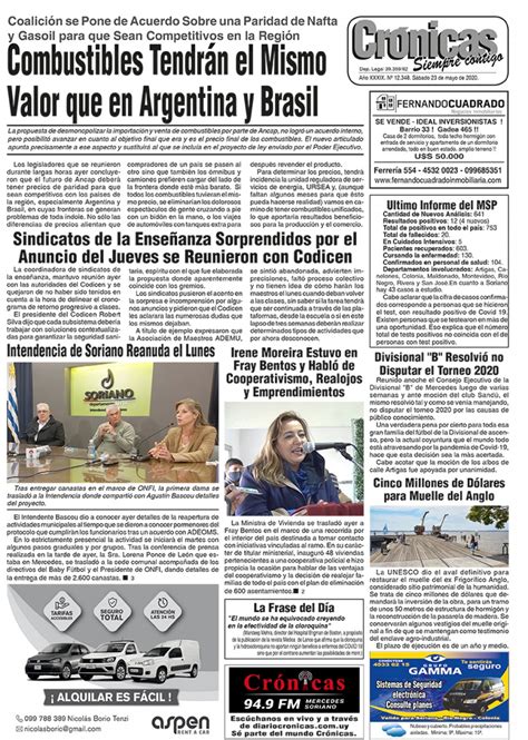 Diario Crónicas de Mercedes Soriano Uruguay tapa del 23 mayo 2020