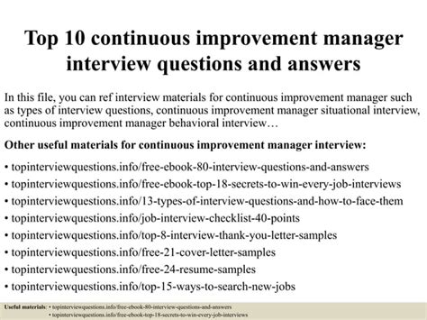 Top 10 Continuous Improvement Manager Interview Questions And Answers Ppt