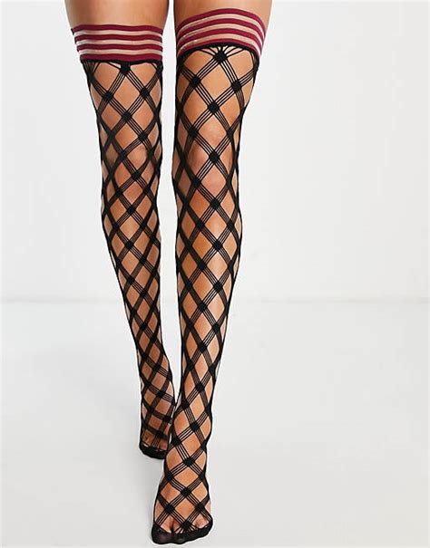 Hunkemoller Contrast Red Top Large Fishnet Stockings In Black Asos