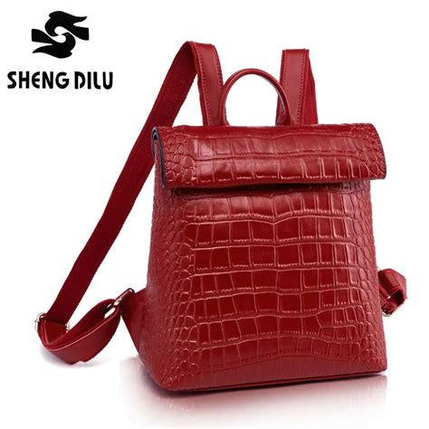 2017 New Korean Crocodile Embossed Leather Shoulder Backpacks Cow Leather Multifunction Dual Bag