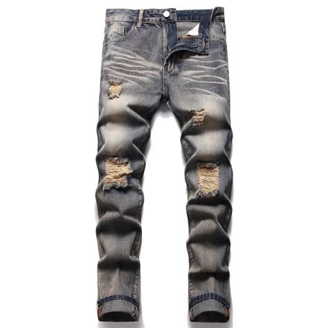 Jeans Déchiré Homme Coupe Slim Jambe Droite Effet Usé Et Délavé Vintage Vintage Cdiscount