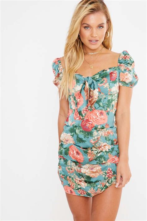 Fashion Influx Green Floral Tie Front Ruched Mini Dress Ladies Mini