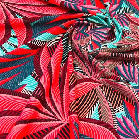 Neon Coral Leaves Print Nylon Lycra Spandex Fabric 4 Way Stretch By Yard For Swimwear Dancewear