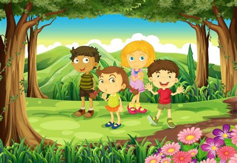 Four Kids At The Forest 683230 Vector Art At Vecteezy