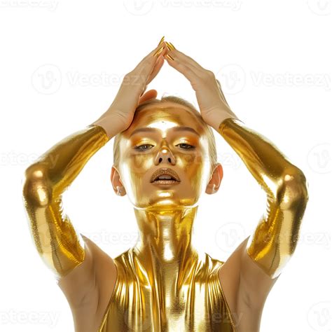 Golden Skin Model Sensual Woman With Glowing Metallic Gold Body Makeup Raising Her Hands