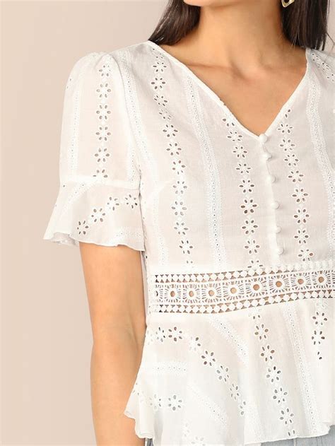 SHEIN Schiffy Eyelet Button Front Peplum Top