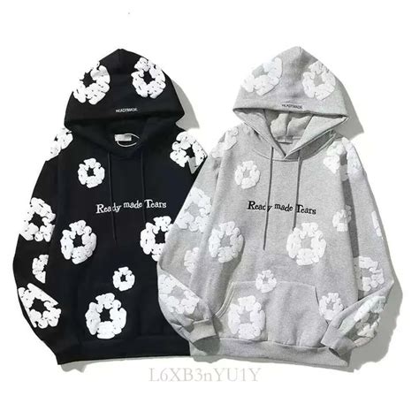 Vintage Denim Flower Puff Printed Foamed Kapok Grey Zip Up Hoodie For