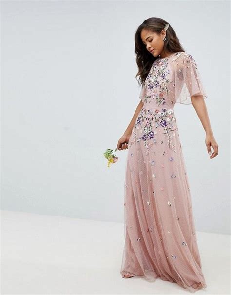 Asos Design Tall Floral Embroidered Dobby Mesh Flutter Sleeve Maxi