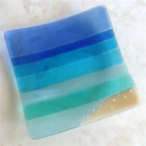 Fused Glass Plate Ocean Beach Aquamarine Blue Turquoise