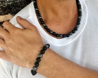 Hematite Necklace Mens Beaded Necklace For Him Black Lava Etsy