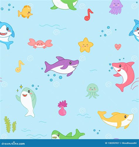 Kawaii Shark Seamless Pattern. Cute Funny Fish Nautical Background with ...